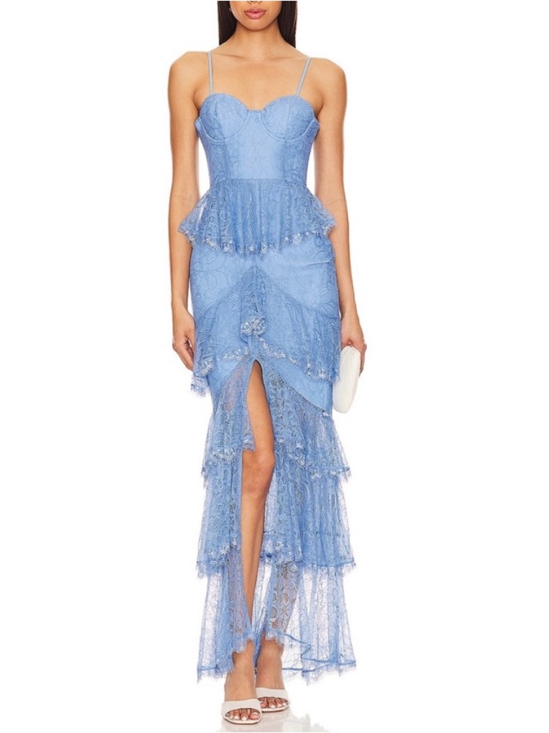 Majorelle Zelda Fitz Gown In Robins Egg Blue Tiered Lace Maxi Dress Xs